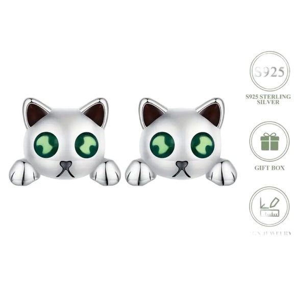Sterling Silver Glow In The Dark Cat Stud Earrings - Picture 1 of 5